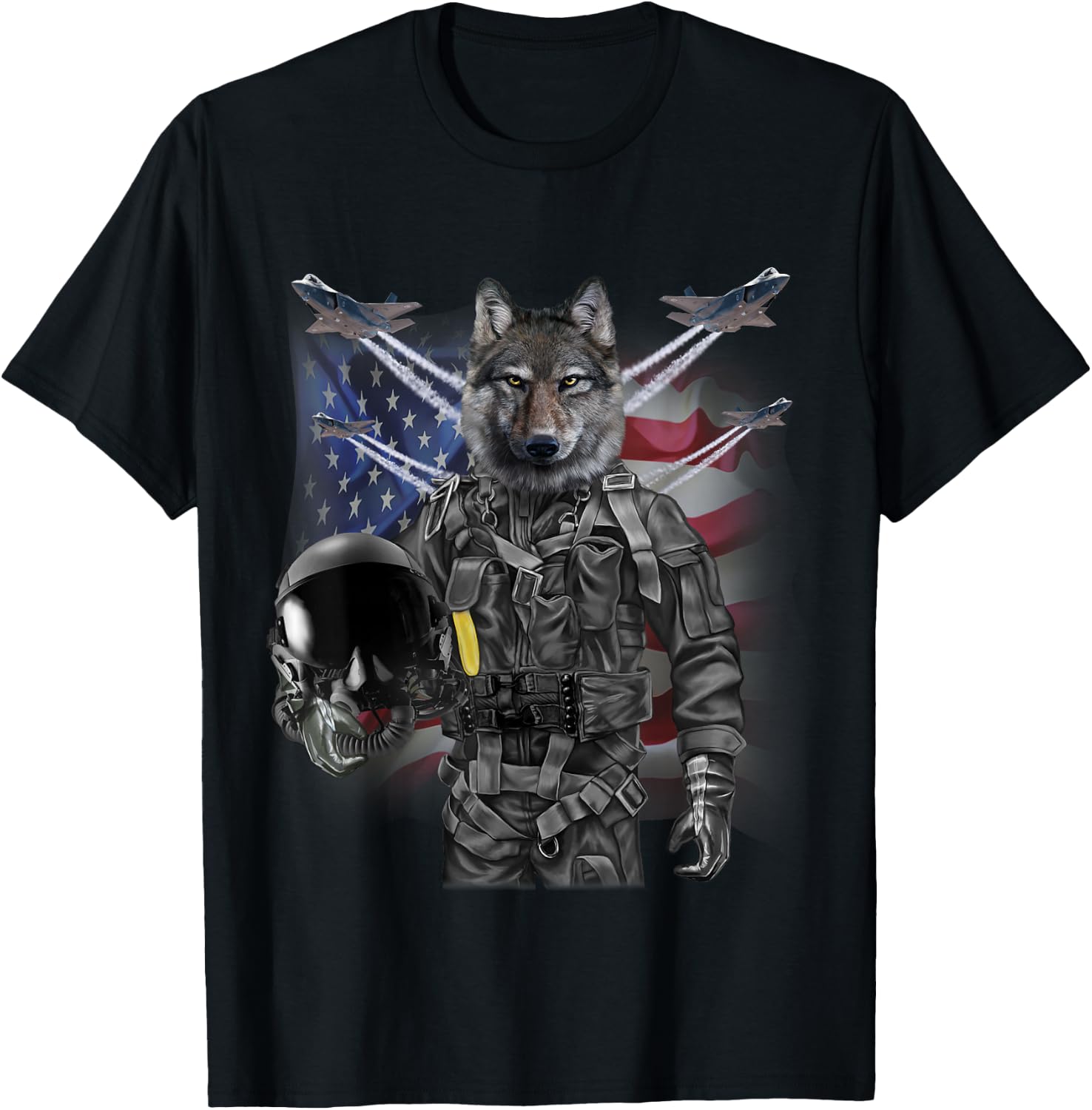 Patriotic Wolf Fighter Pilot American Flag Military T-Shirt - T-Shirt | Black