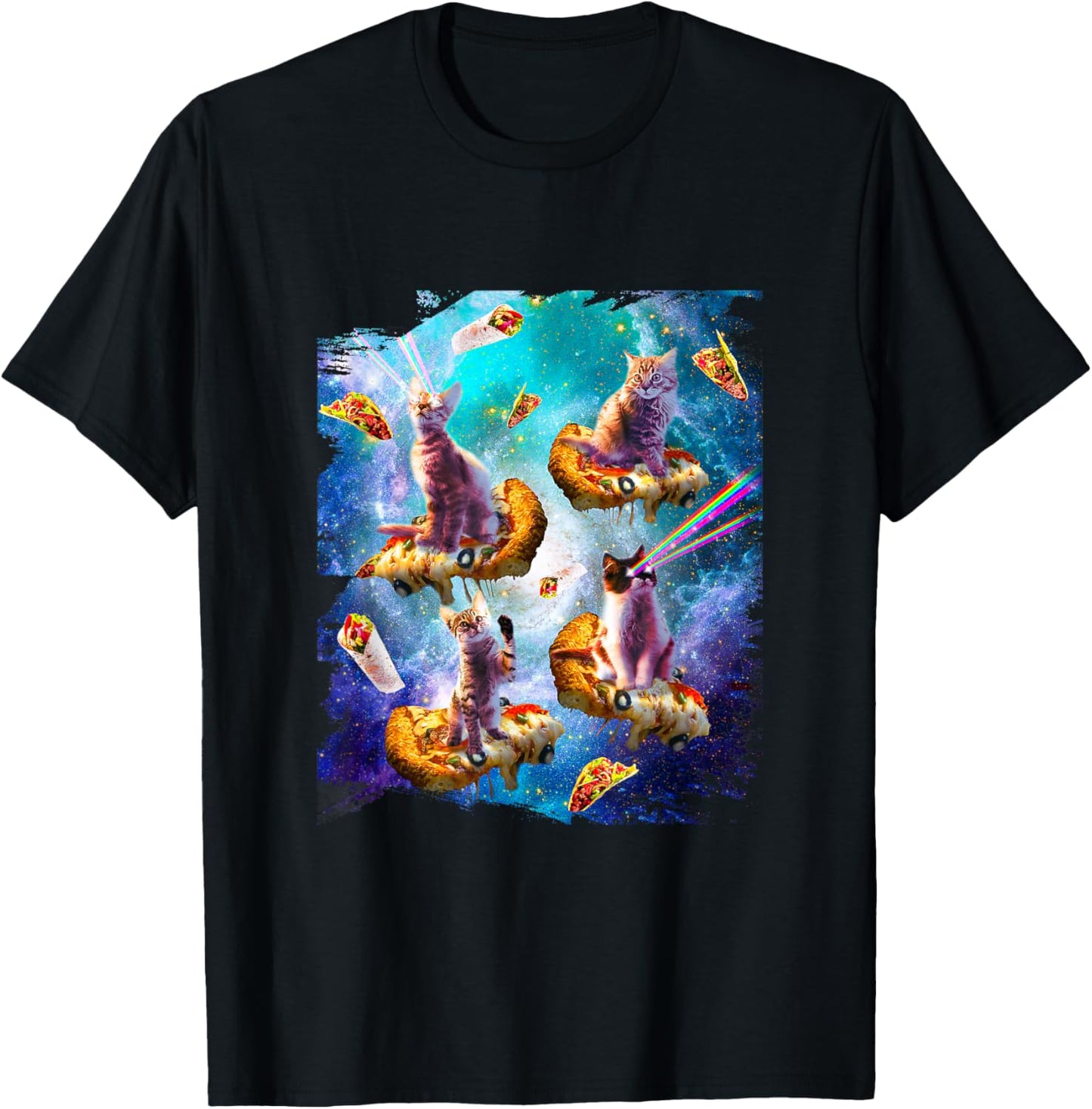 Space cats with rainbow laser eyes riding pizza T-Shirt - T-Shirt | Black