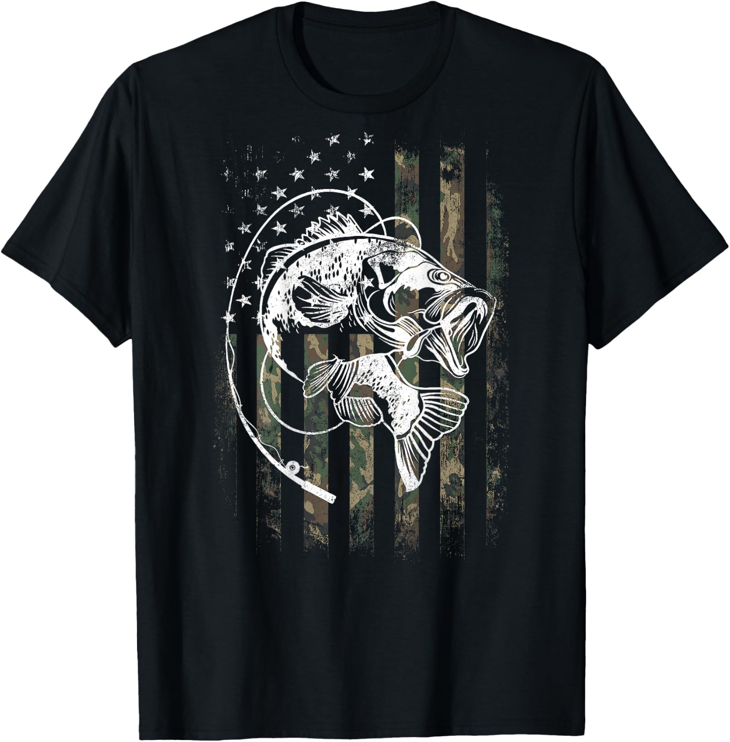 Bass Fish Fishing Camouflage Flag Funny Fisherman (on back) T-Shirt - T-Shirt | Black
