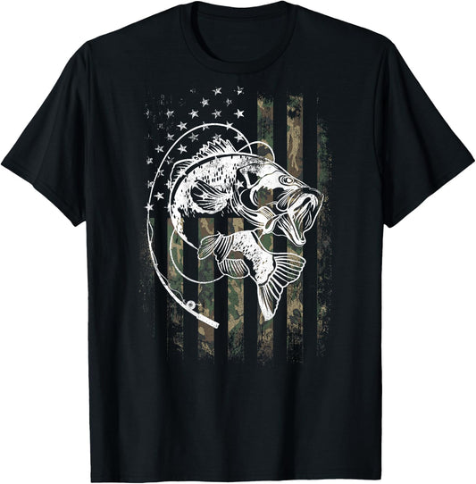 Bass Fish Fishing Camouflage Flag Funny Fisherman (on back) T-Shirt - T-Shirt | Black