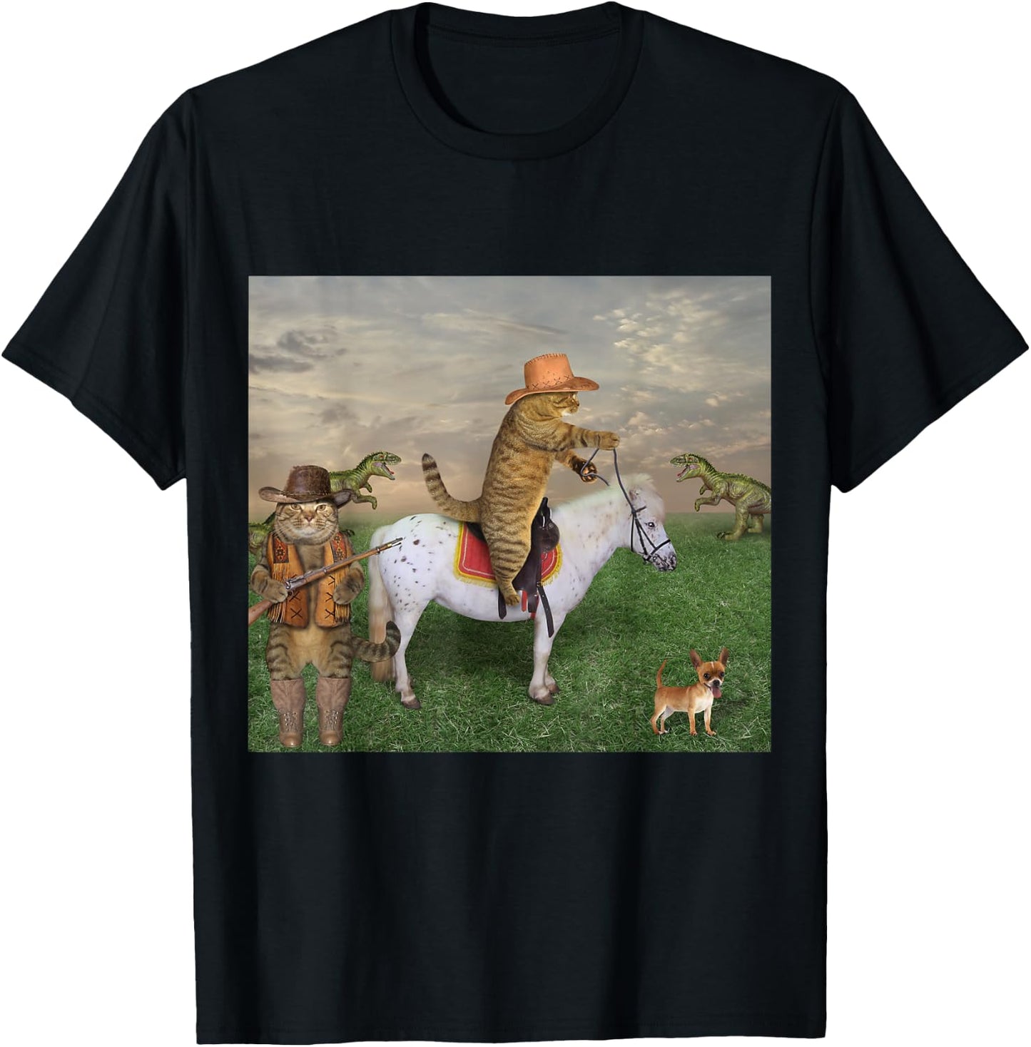 Cat on a Horse in a Cowboy Hat Dinosaurs in Background Funny T-Shirt - T-Shirt | Black