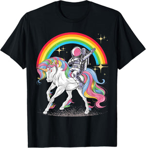Dabbing Astronaut riding Unicorn Rainbow T-Shirt - T-Shirt | Black