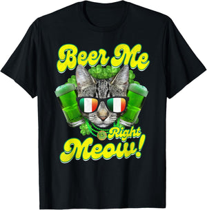 Beer Me Right Meow Irish Cat Glasses Lucky Shamrock Beer Men Women T-Shirt - T-Shirt | Black