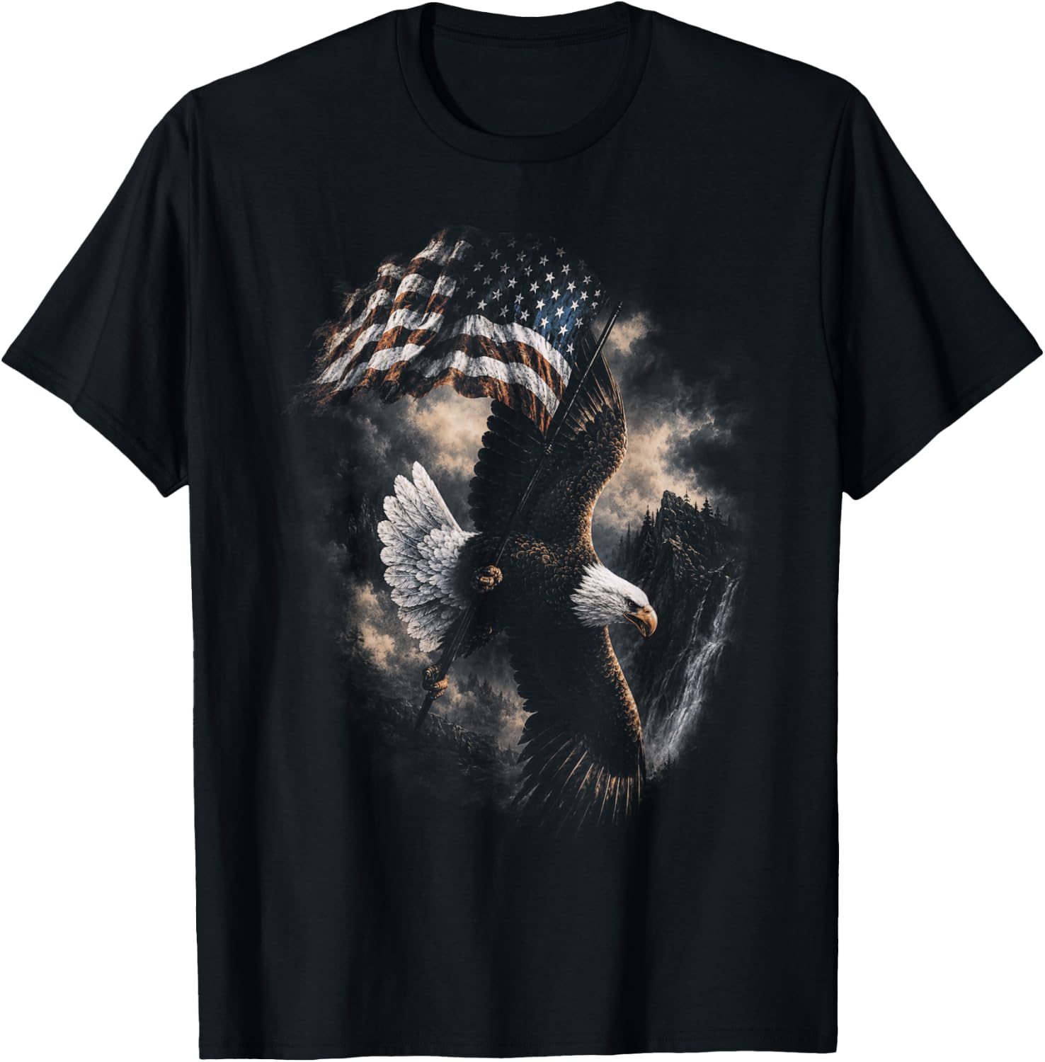 Bald Eagle Holding American Flag Vintage 90s Graphic Style T-Shirt - T-Shirt | Black