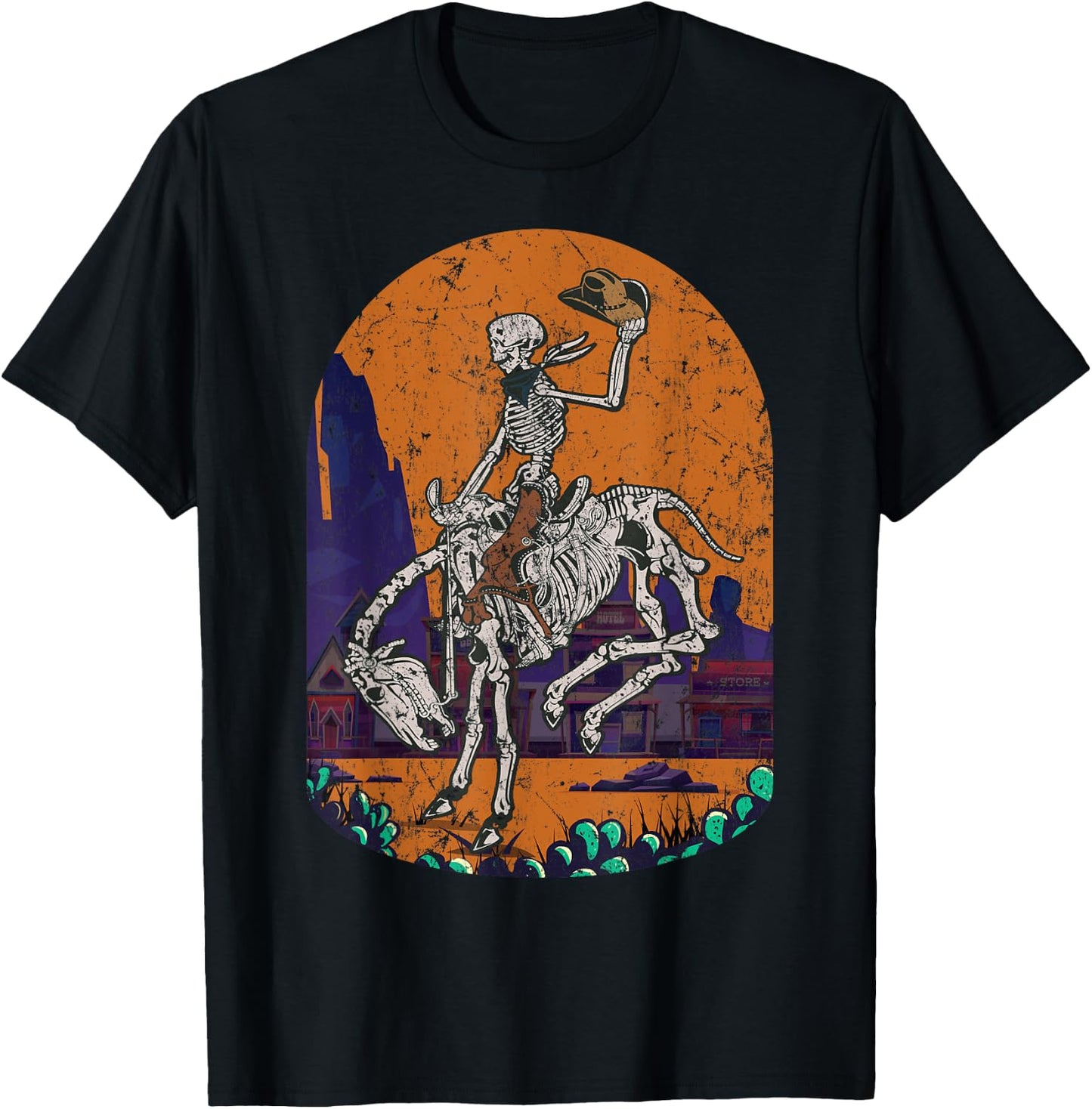 Western Country Cowgirl Cowboy Skeleton Halloween Spooky T-Shirt - T-Shirt | Black