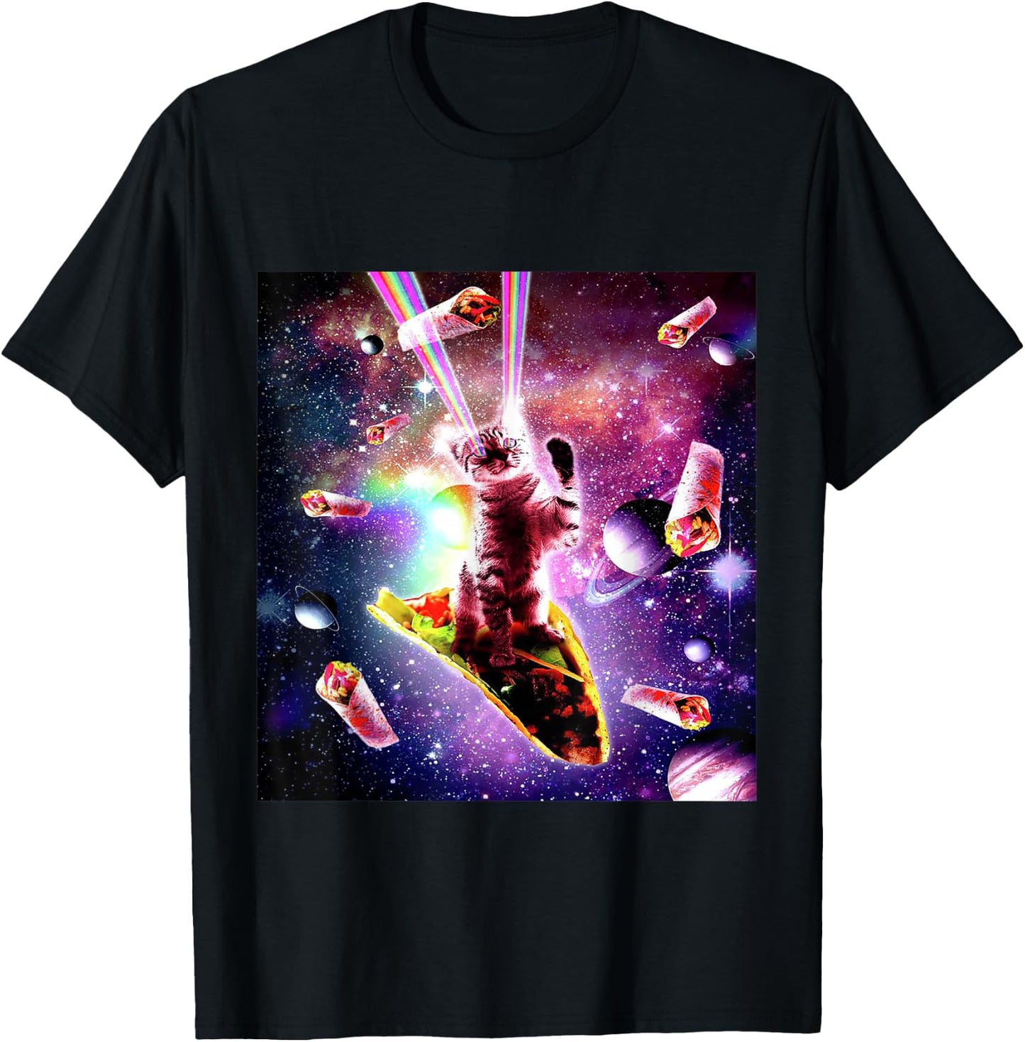 Space Cat Laser Eyes Burrito Taco Rainbow Galaxy Meme Gift Women Kids T-Shirt - T-Shirt | Black