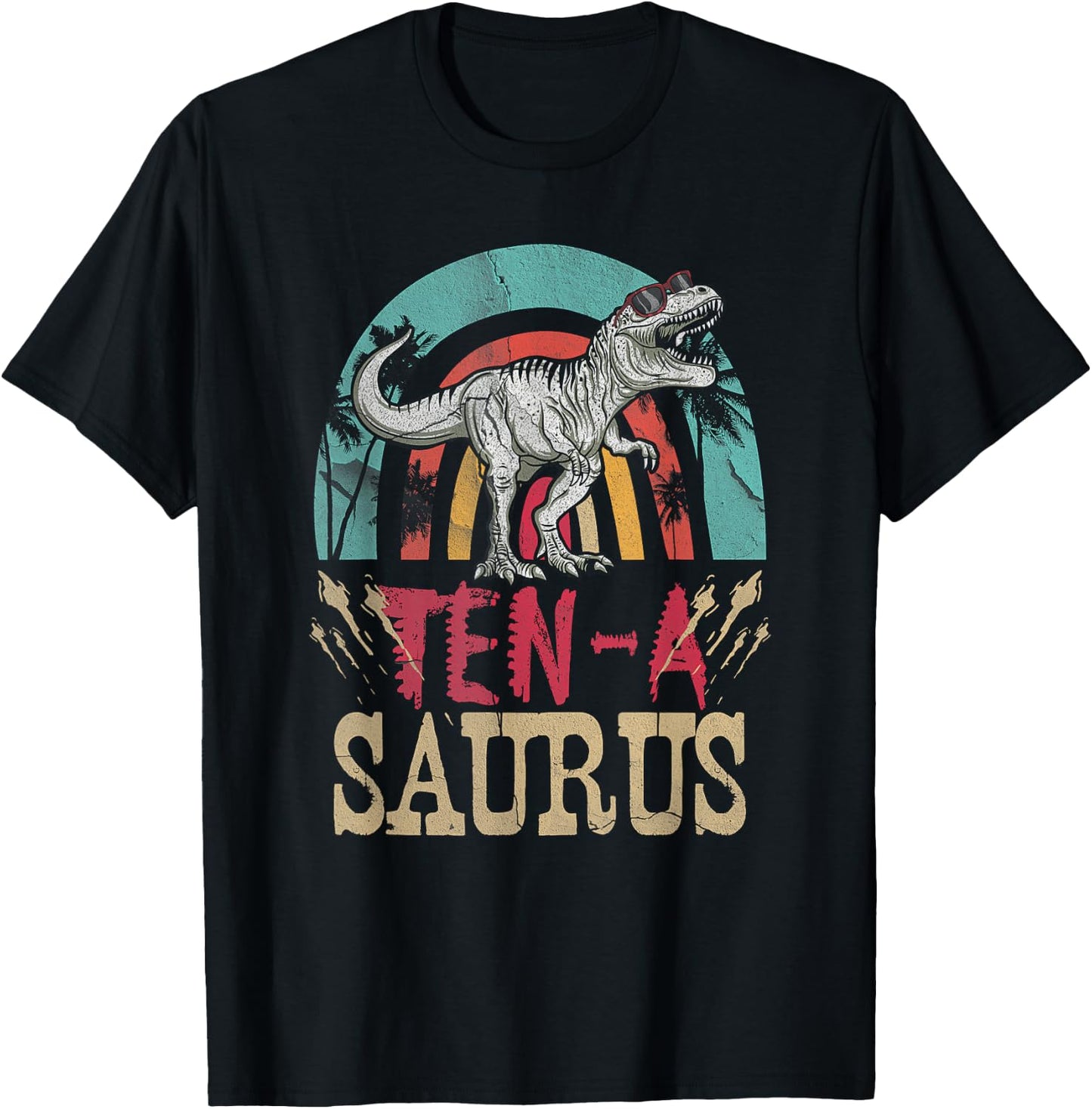 Kid 10 Year Old Dinosaur Birthday 10th T Rex Dino Ten Saurus T-Shirt - T-Shirt | Black