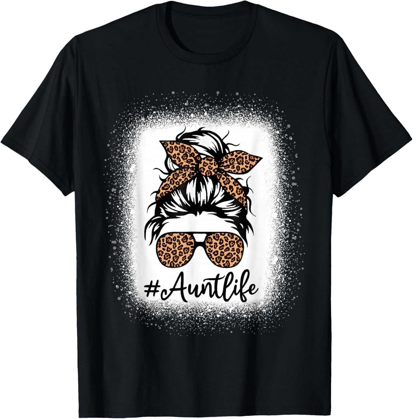 Best Aunt Life Messy Bun Leopard Bleached Auntie Mothers Day T-Shirt - T-Shirt | Black