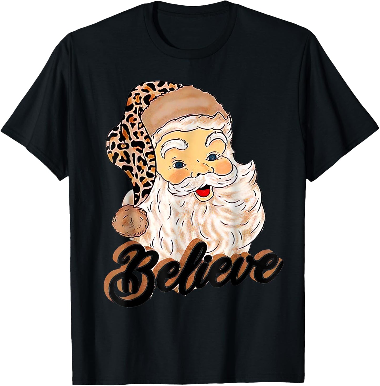 Vintage Christmas Retro Holiday Cheetah Santa Leopard Hat T-Shirt - T-Shirt | Black