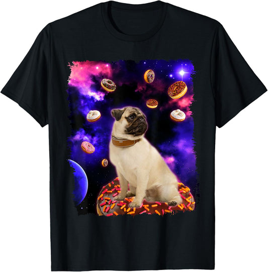Adorable Pug in Space with Doughnuts - Pug Dog Gift Men Women Girls Kids T-Shirt - T-Shirt | Black