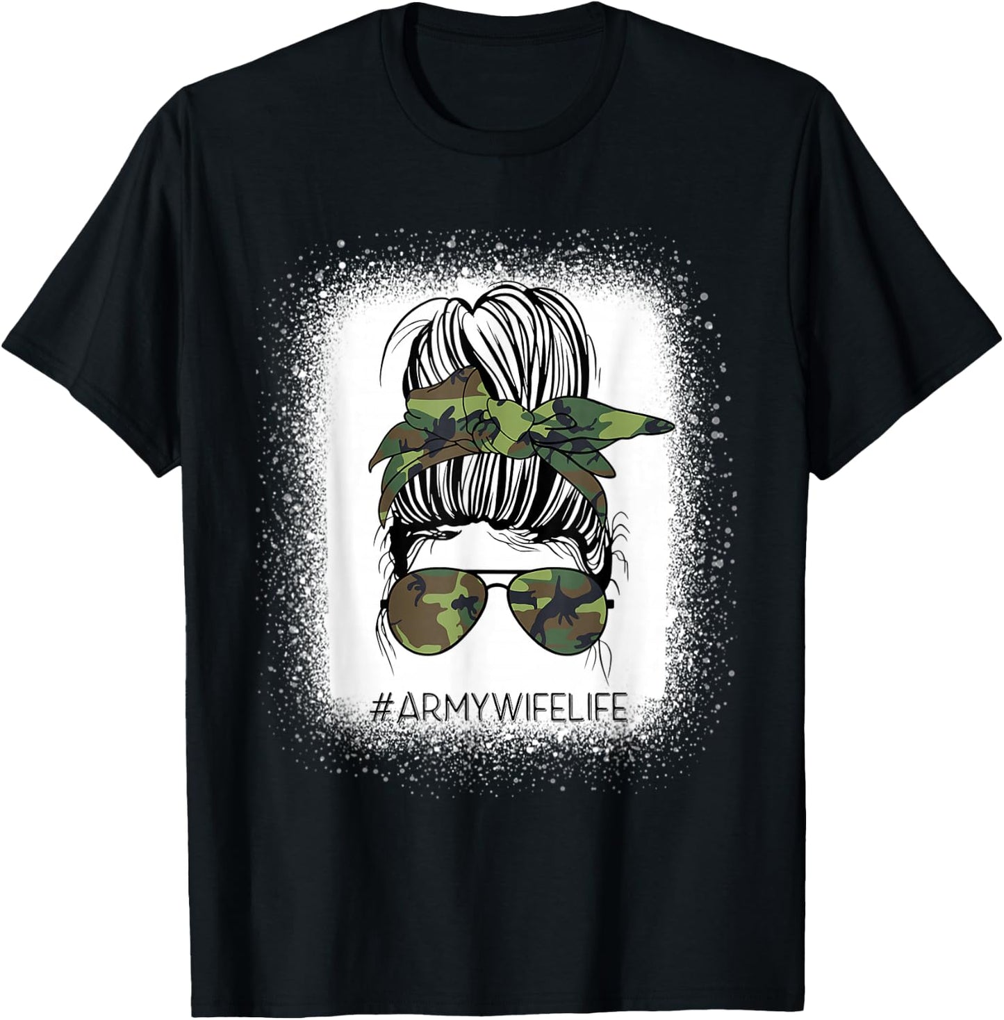 Bleached Messy Bun Army Wife Life Camouflage Mother's Day T-Shirt - T-Shirt | Black