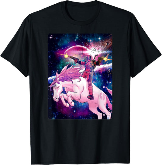 Marvel Deadpool in Space Unicorn Saddles Ablaze T-Shirt - T-Shirt | Black