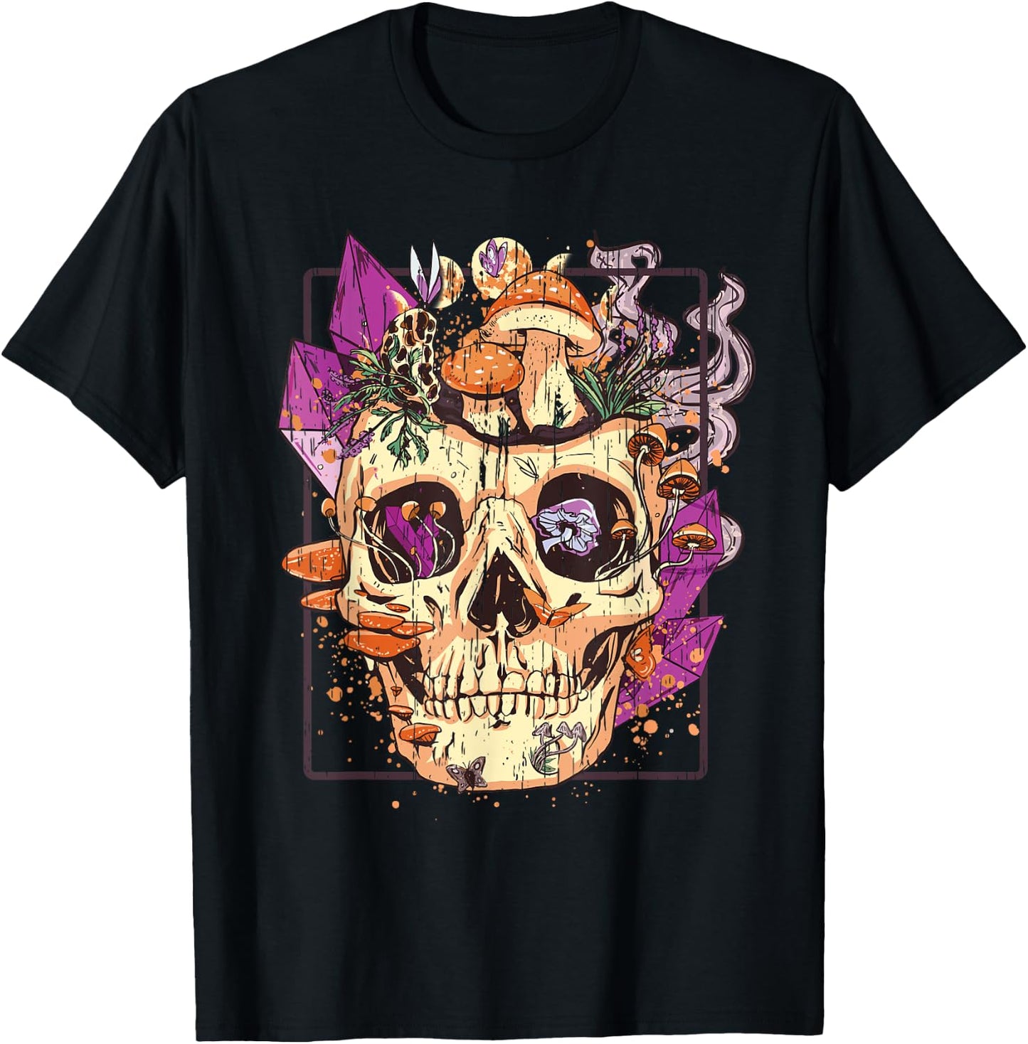 Goblincore Aesthetic. Grunge Moon Crystals Mushrooms Skull T-Shirt - T-Shirt | Black