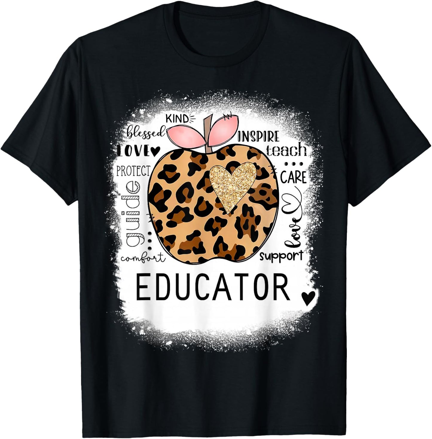 Bleached Educator, Leopard Apple, Inspire Teach, Blessed T-Shirt - T-Shirt | Black
