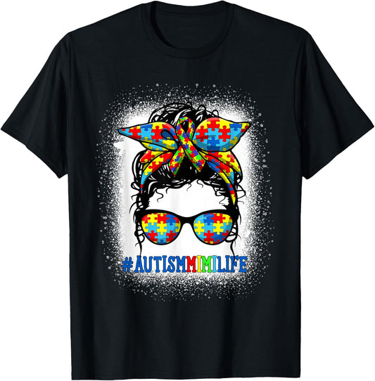 Autism Mimi Life Messy Bun Autism Awareness Support Autistic T-Shirt - T-Shirt | Black