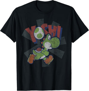 Super Mario Yoshi Distressed Logo Portrait T-Shirt - T-Shirt | Black