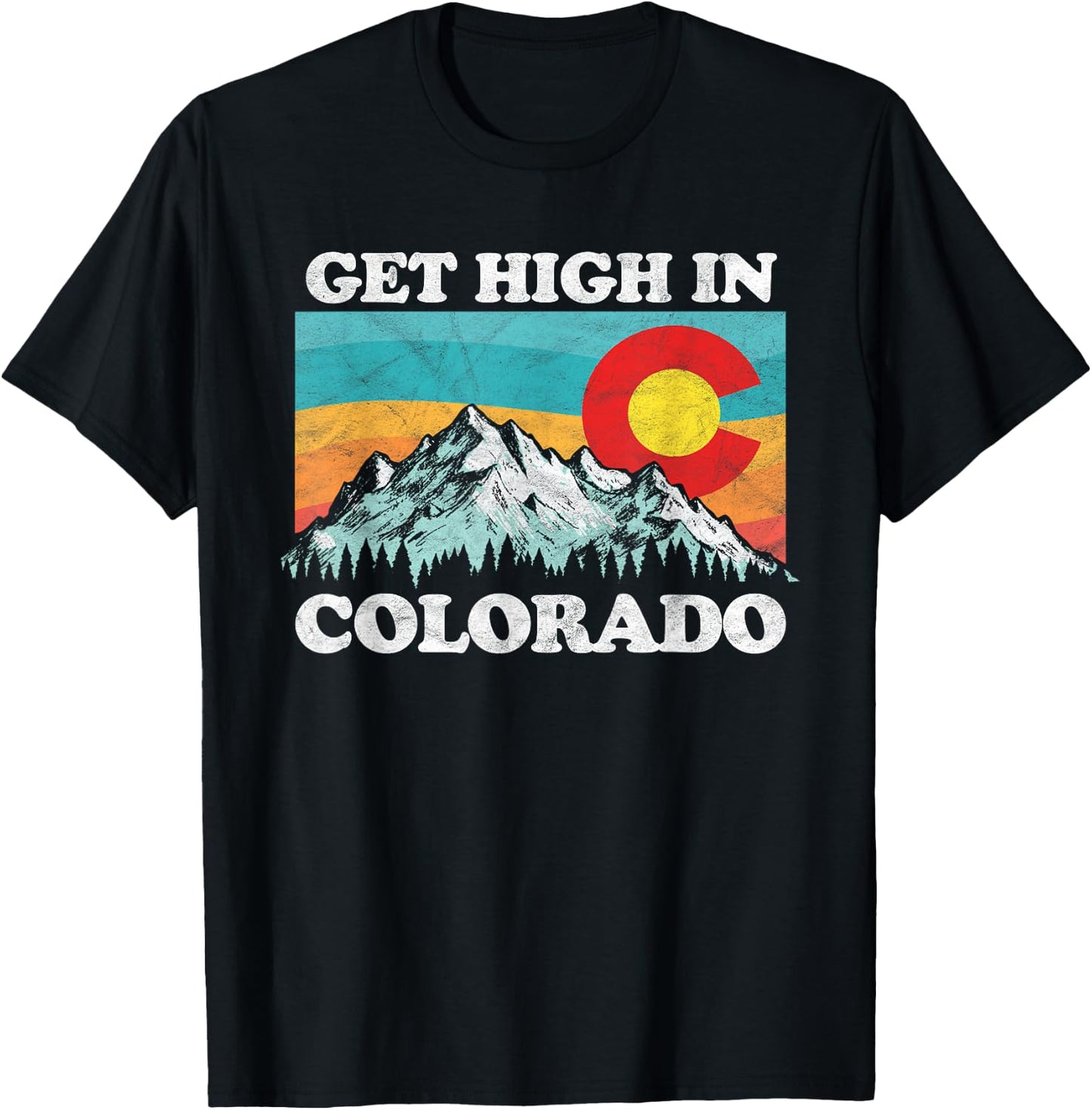Get High in Colorado Retro State Flag Mountains Graphic T-Shirt - T-Shirt | Black