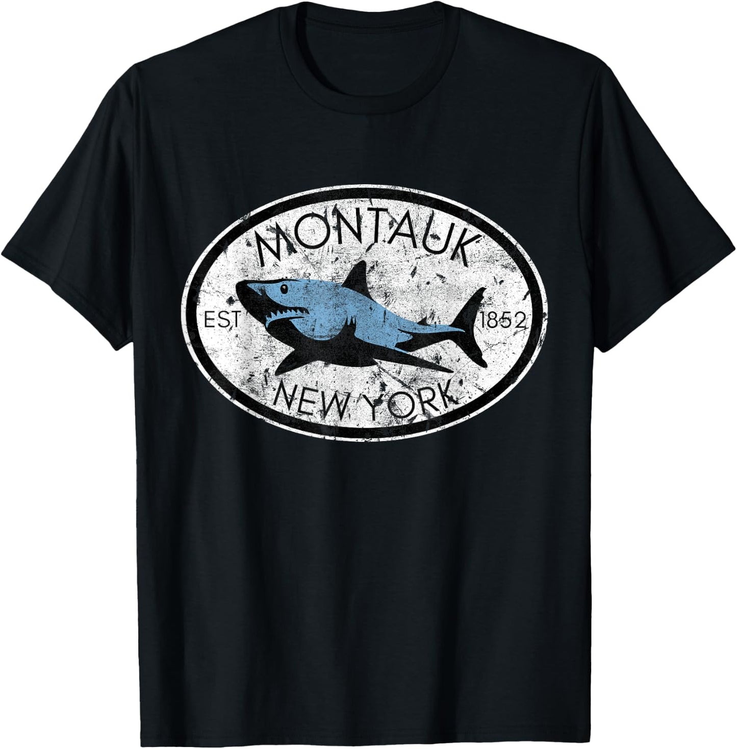 Montauk New York Fishing Shark Fish Beach Boating NY Vintage Men Women Kids T-Shirt - T-Shirt | Black