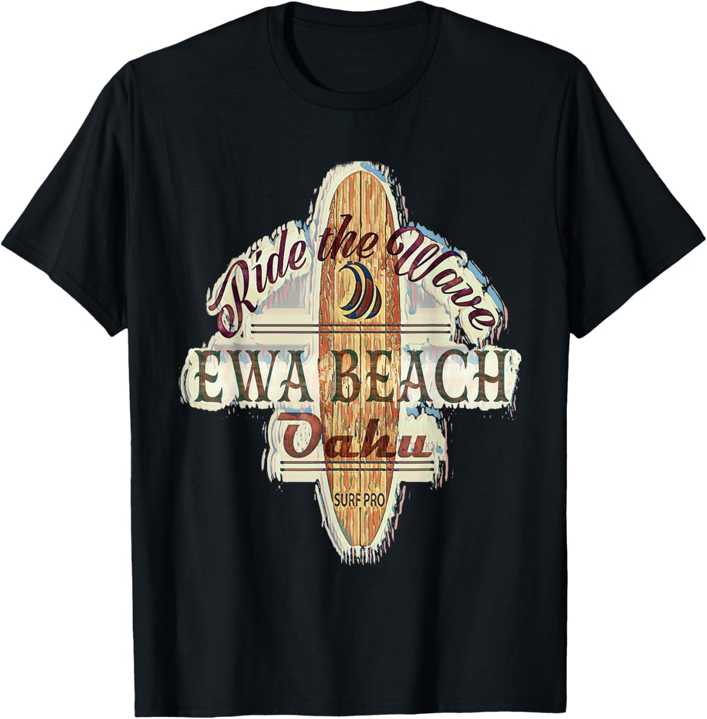 Surfing, Surfboard, Distressed Longboard Ewa Beach Oahu Women Girls Kids T-Shirt - T-Shirt | Black