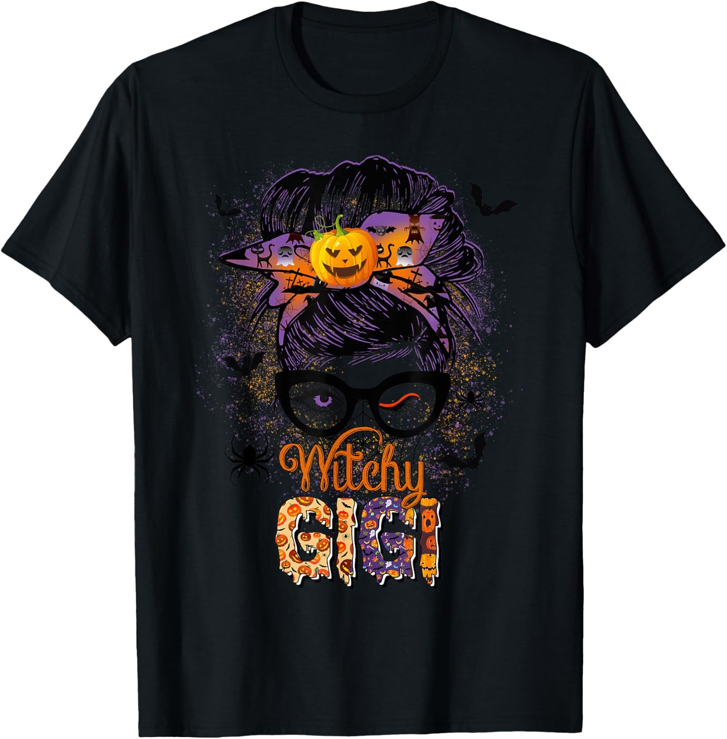 Witchy Gigi Messy Bun Spooky Witch Pumpkin Halloween T-Shirt - T-Shirt | Black