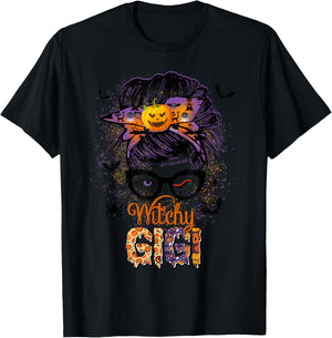 Witchy Gigi Messy Bun Spooky Witch Pumpkin Halloween T-Shirt - T-Shirt | Black