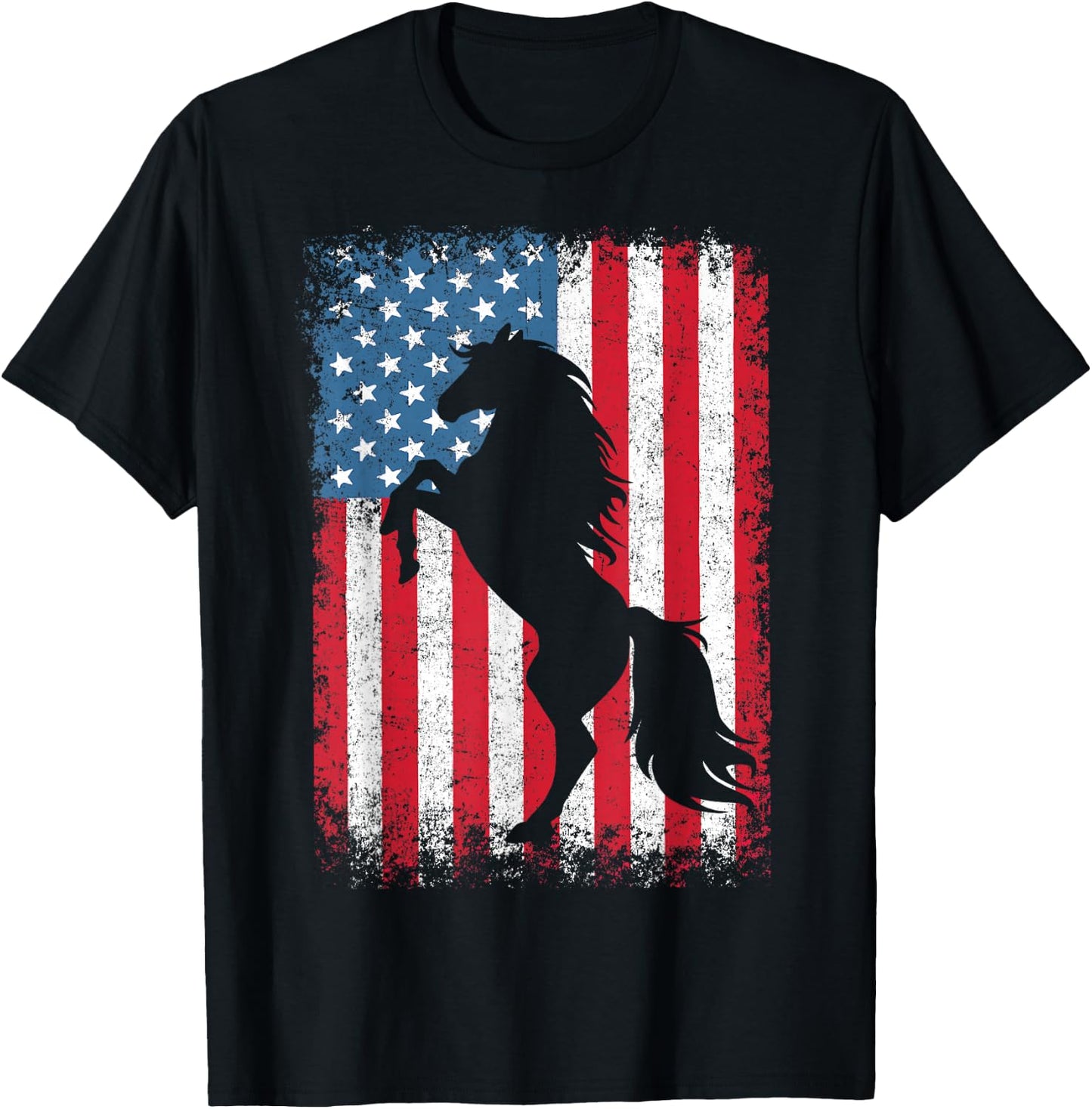 Horse American Flag USA 4th of July Men Women Boys Girls T-Shirt - T-Shirt | Black