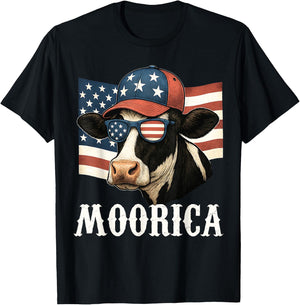 Funny Moorica 4th Of July Patriotic Cow USA Flag Farmer T-Shirt - T-Shirt | Black