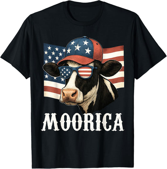 Funny Moorica 4th Of July Patriotic Cow USA Flag Farmer T-Shirt - T-Shirt | Black