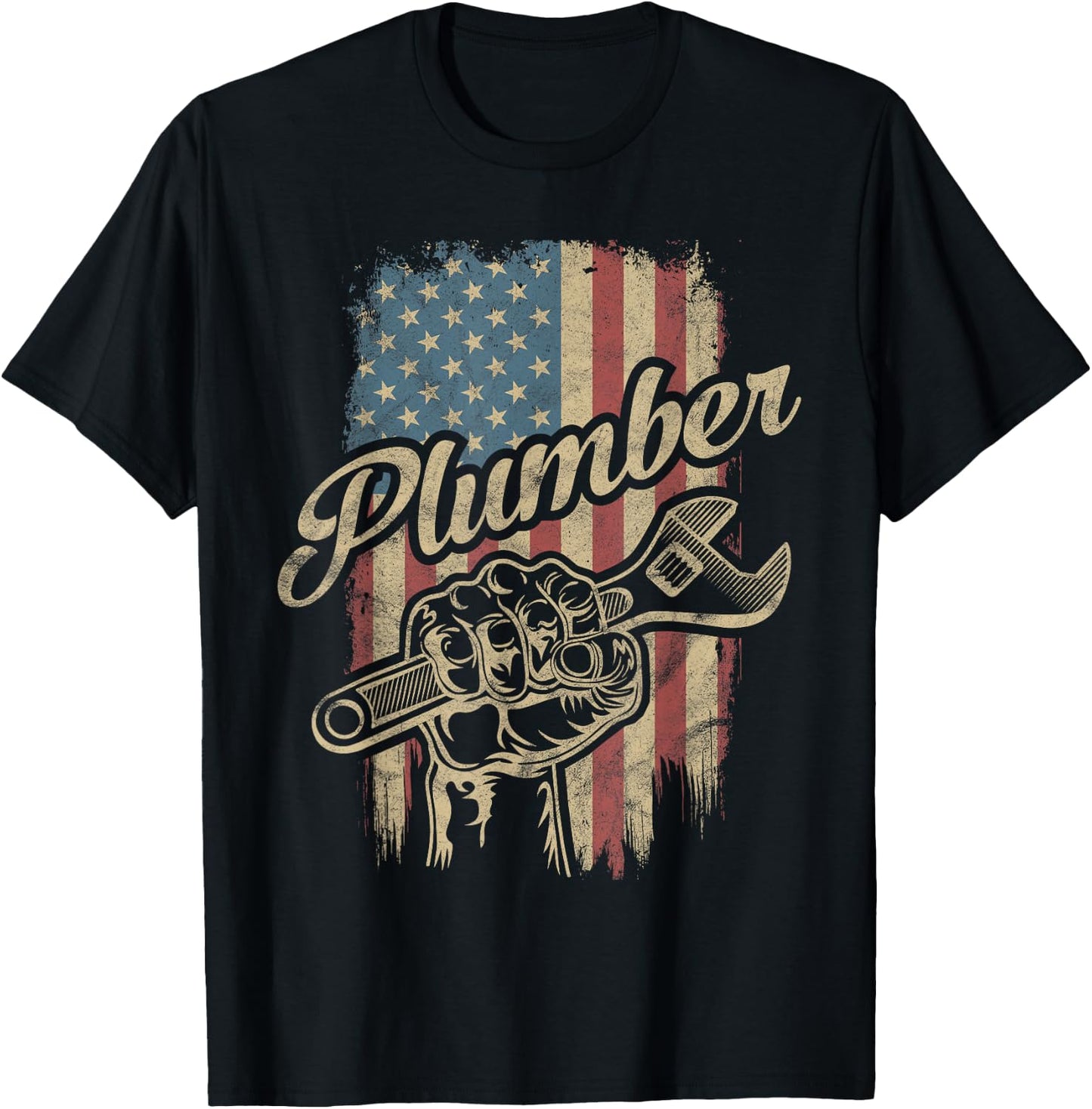 Plumber American Flag Plumbing Gift Pipe Wrench Patriotic T-Shirt - T-Shirt | Black