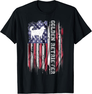 Vintage USA American Flag Love Golden Retriever Silhouette T-Shirt - T-Shirt | Black