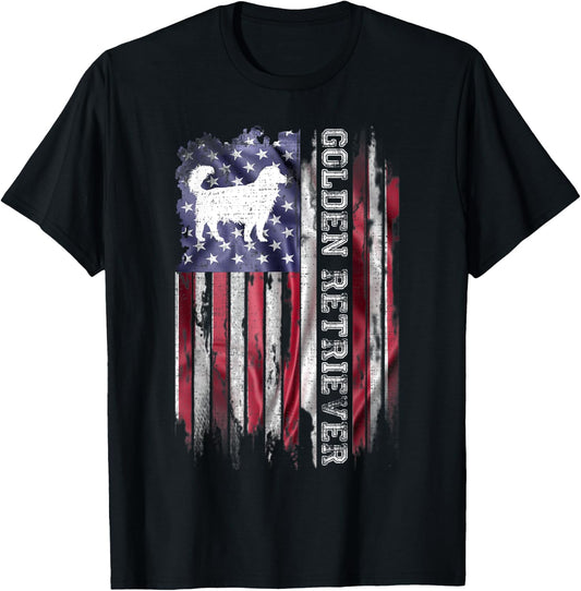 Vintage USA American Flag Love Golden Retriever Silhouette T-Shirt - T-Shirt | Black