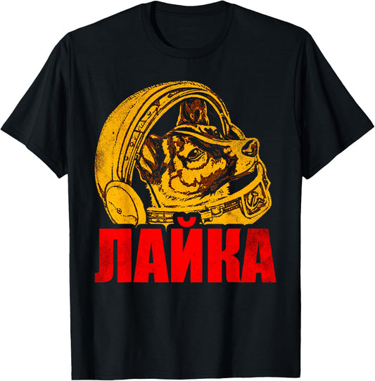 Laika Dog Animal Space Astronaut Soviet Union Cyrillic T-Shirt - T-Shirt | Black