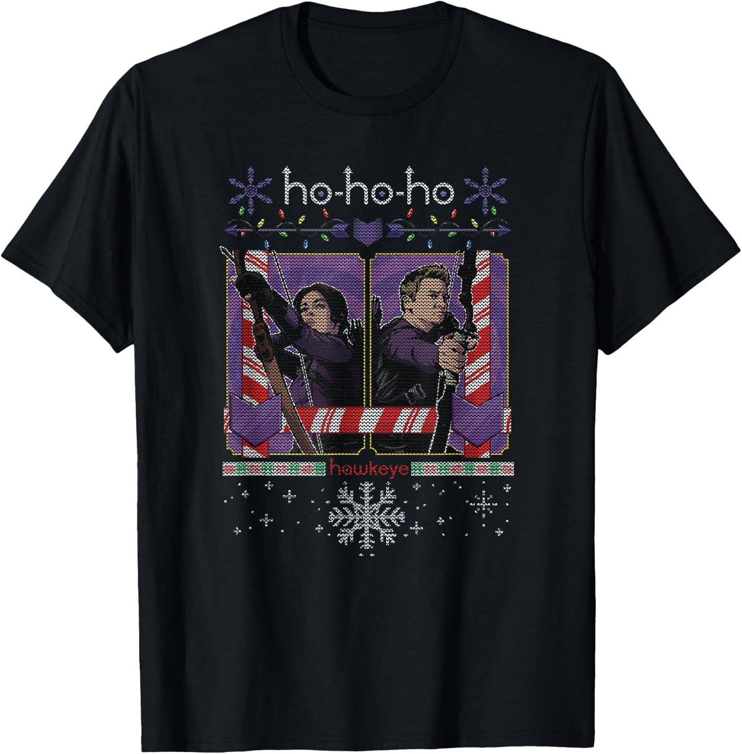 Marvel Hawkeye Ho-Ho-Ho Hawkeye And Kate Ugly Christmas T-Shirt - T-Shirt | Black