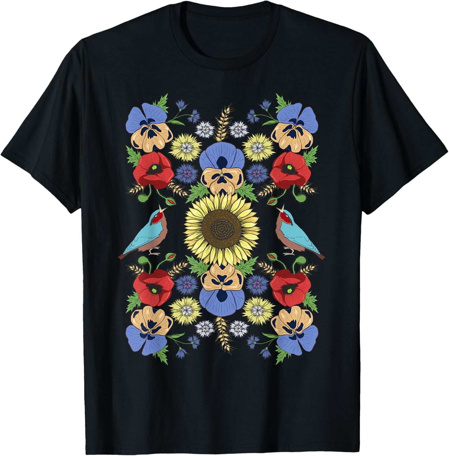 Ukraine Birds Sunflower Cute Floral Ukrainian Vyshyvanka T-Shirt - T-Shirt | Black
