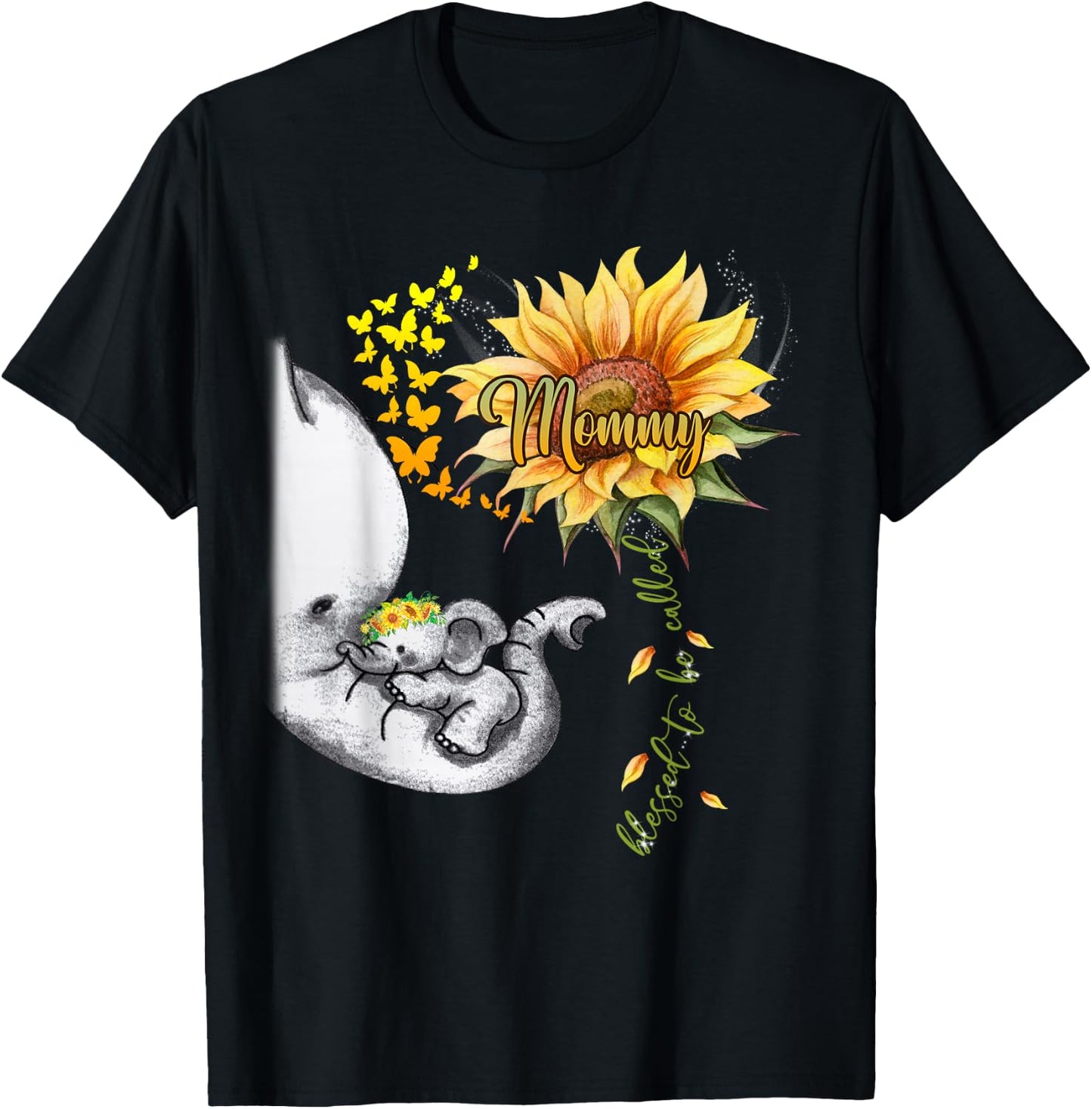Blessed To Be Called Mommy Sunflower Elephant Mother's Day T-Shirt - T-Shirt | Black