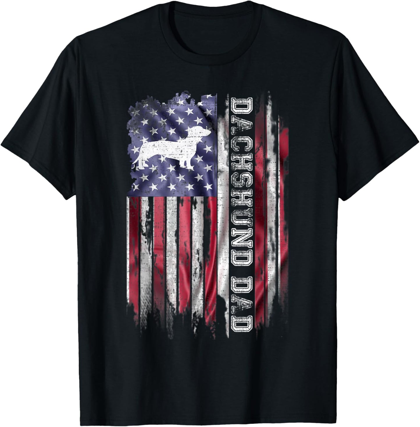Vintage American Flag Proud Dachshund Dad Wiener Silhouette T-Shirt - T-Shirt | Black