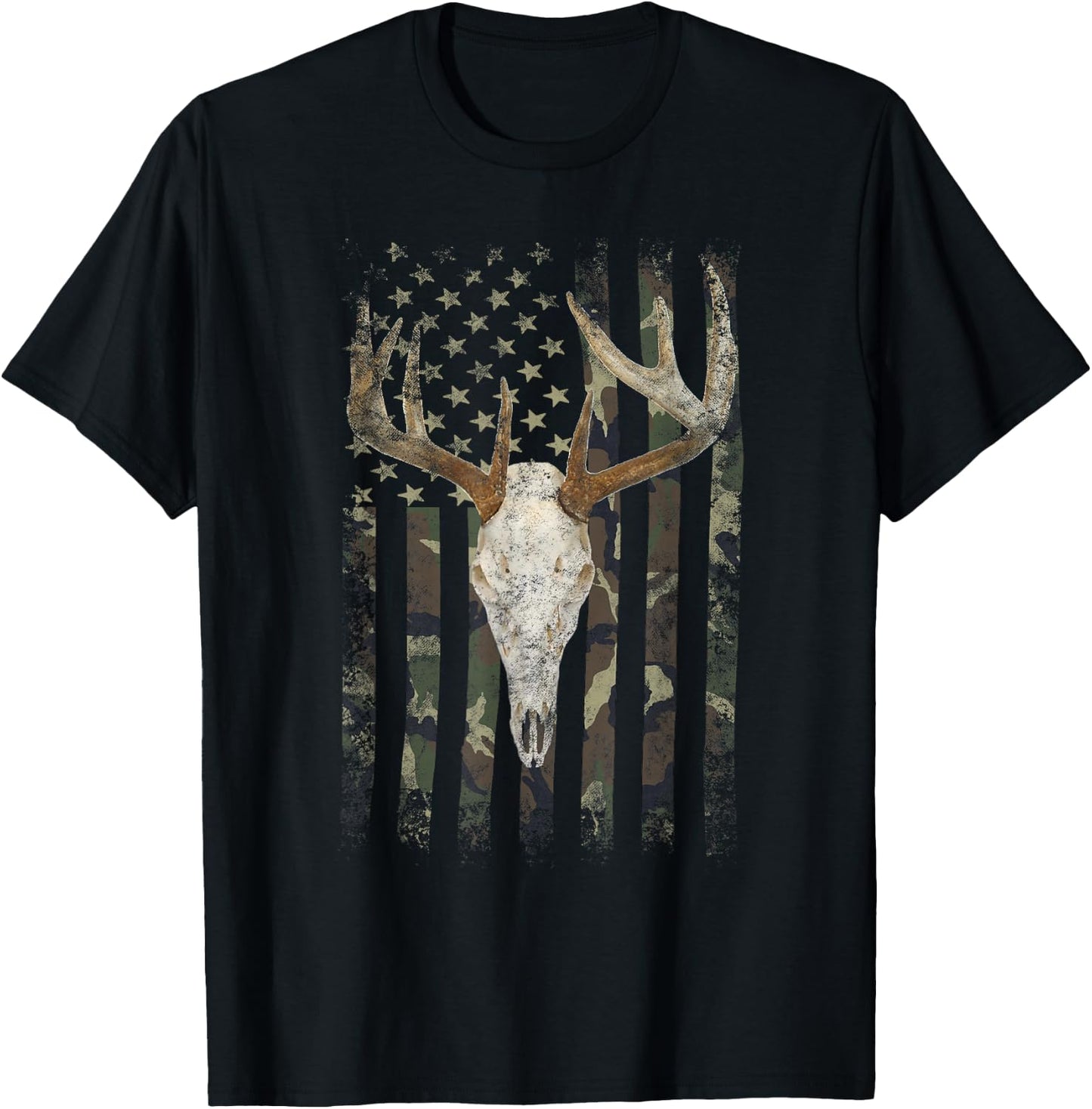 Deer Hunting Skull American Camo USA Flag Whitetail Buck T-Shirt - T-Shirt | Black