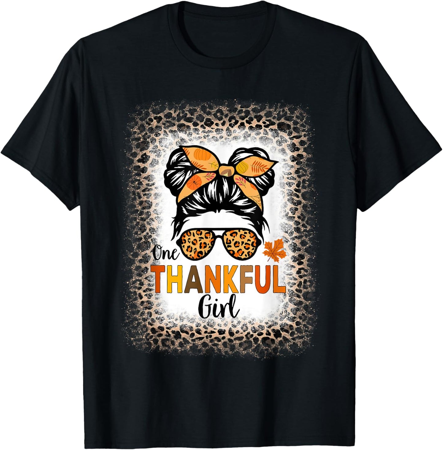 One Thankful Girl Thanksgiving Messy Bun Leopard Bleached T-Shirt - T-Shirt | Black