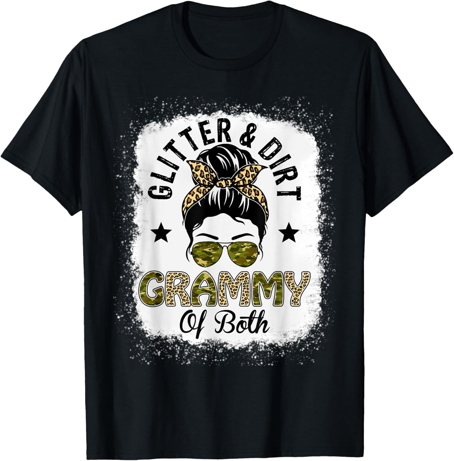 Grammy Of Both Messy Bun Leopard Camo Bleached Mother's Day T-Shirt - T-Shirt | Black