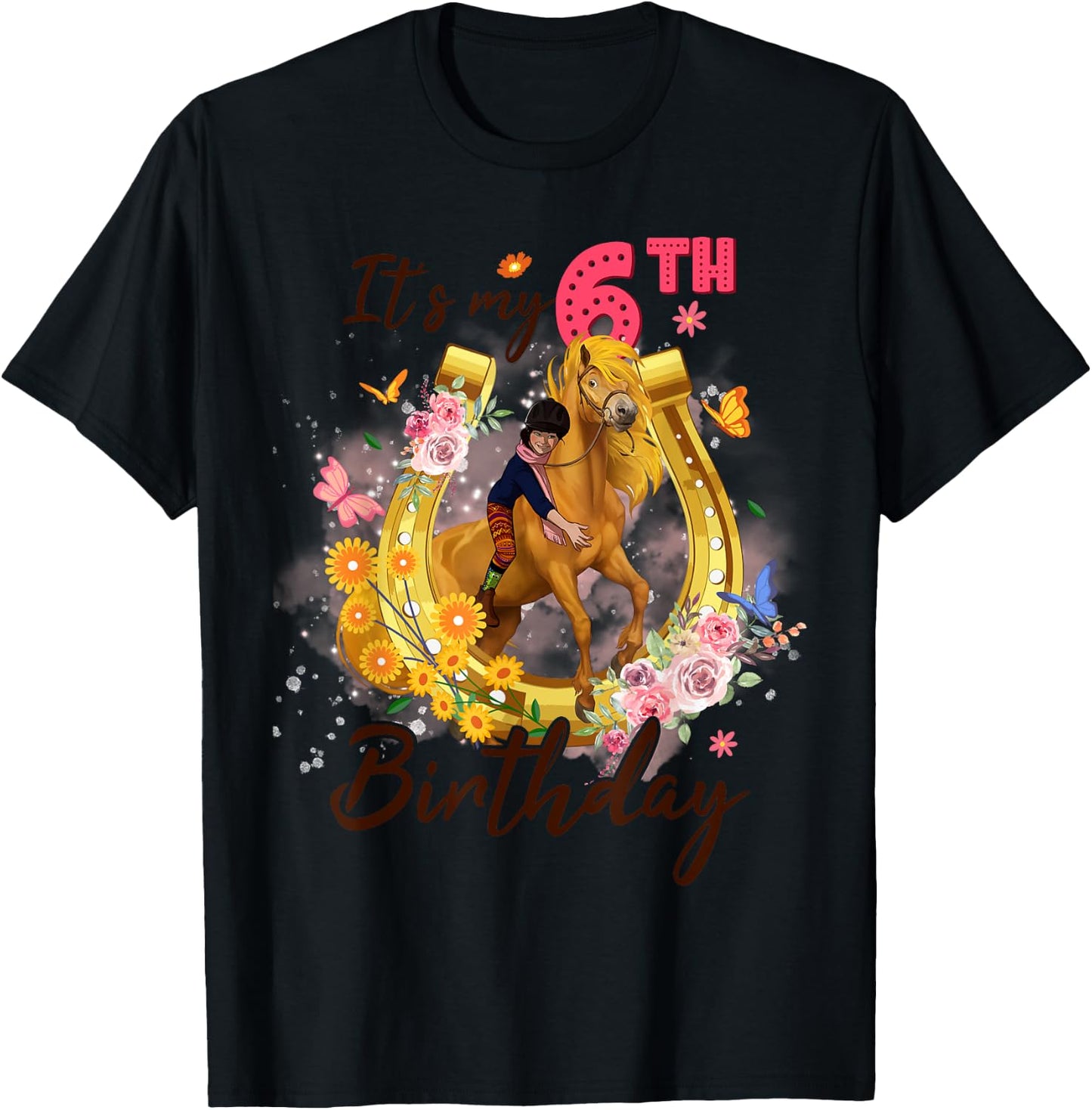 Kids Six Year Old 6th Birthday Girl Who Loves Horses Riding T-Shirt - T-Shirt | Black