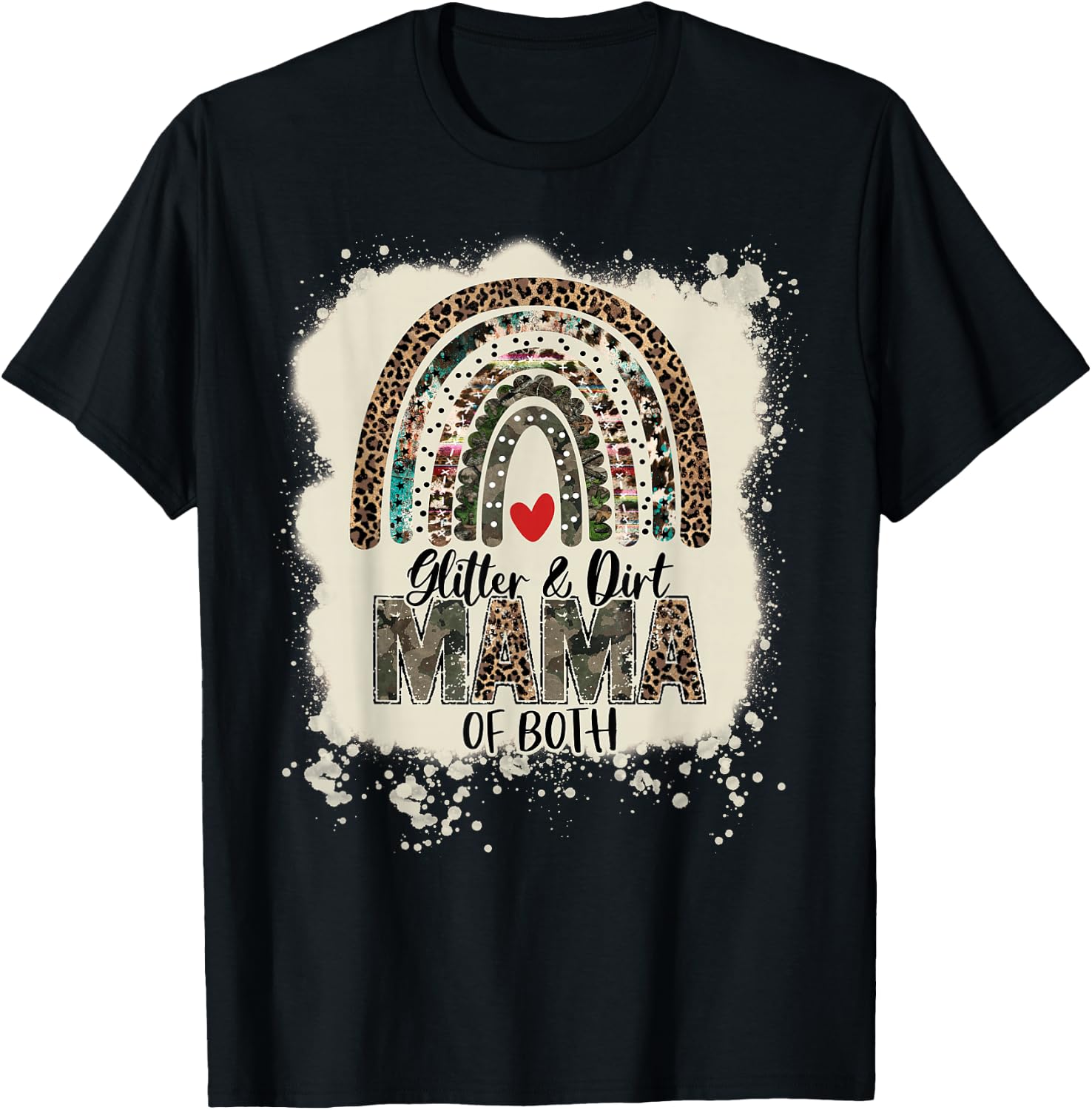 Glitter & Dirt Mama of Both Leopard Camo Rainbow Bleached T-Shirt - T-Shirt | Black