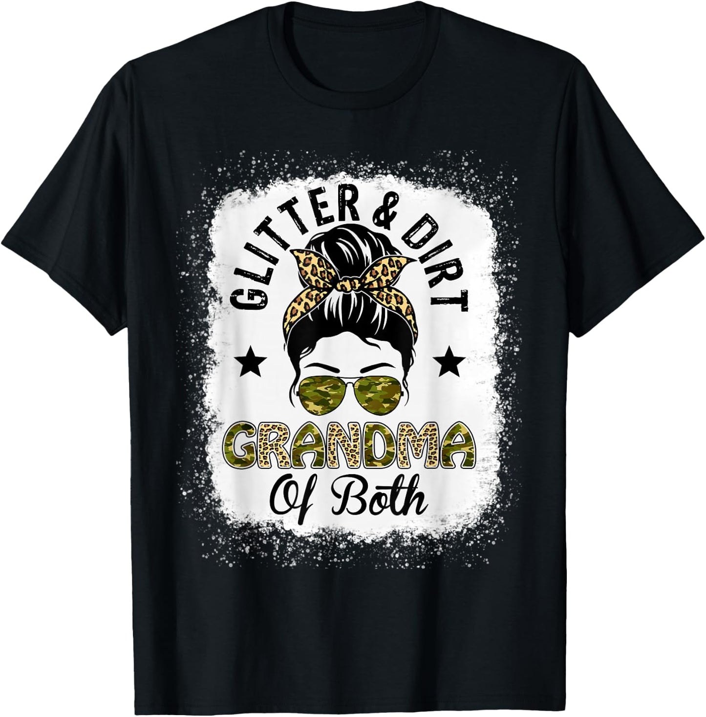 Grandma Of Both Messy Bun Leopard Camo Bleached Mother's Day T-Shirt - T-Shirt | Black