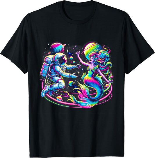 Cosmic Encounter - Astronaut Meets Space Mermaid Psychedelic T-Shirt - T-Shirt | Black