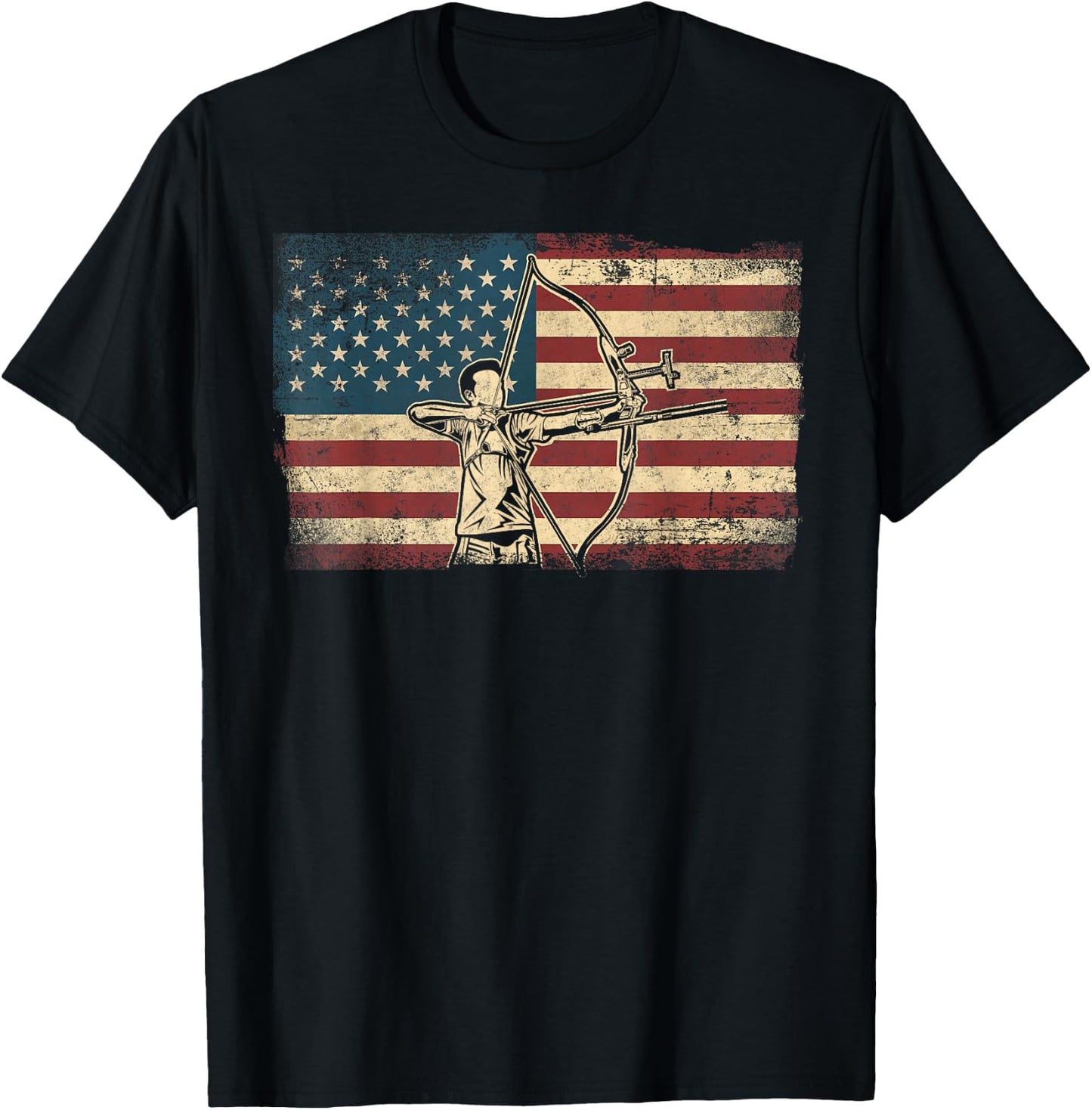 Archery Bow Archer Usa American Flag Vintage Compound Bow T-Shirt - T-Shirt | Black