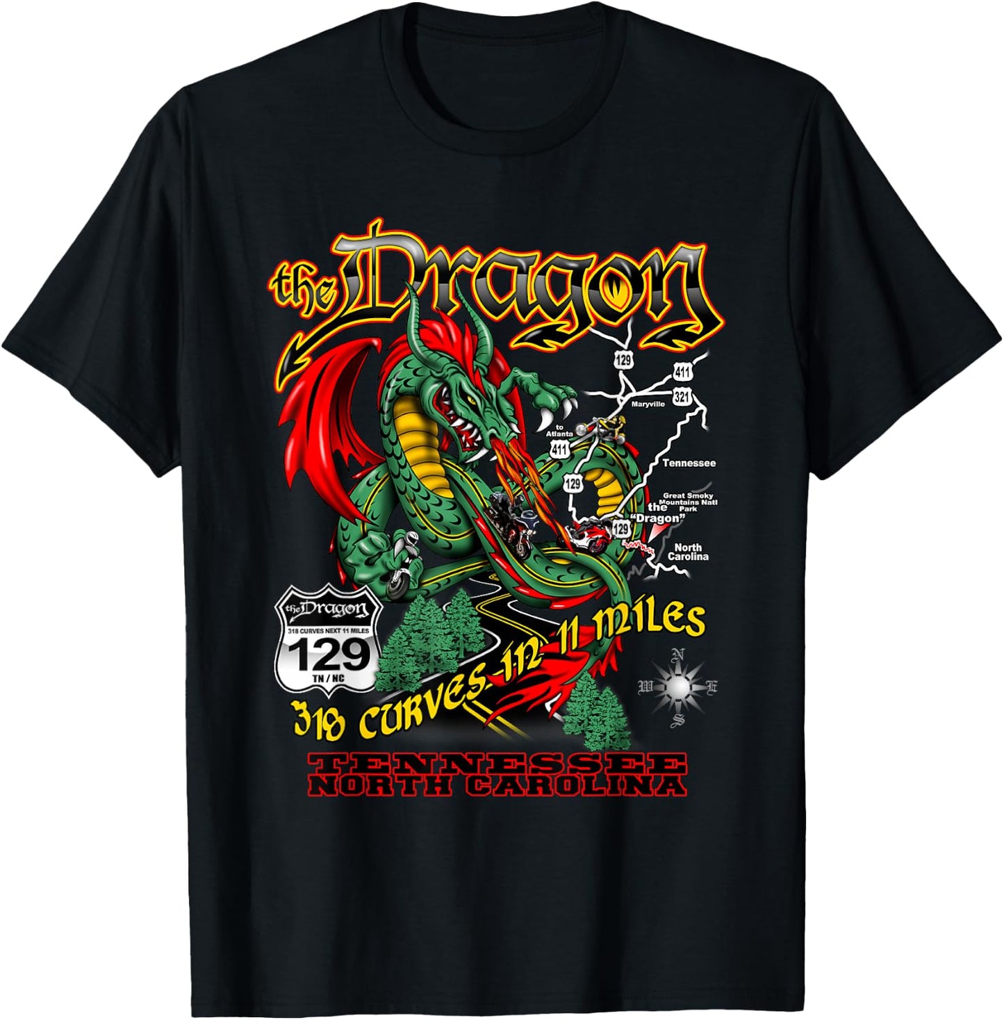 The Dragon 129 TN and NC USA 318 Curves 11 Miles T-Shirt - T-Shirt | Black