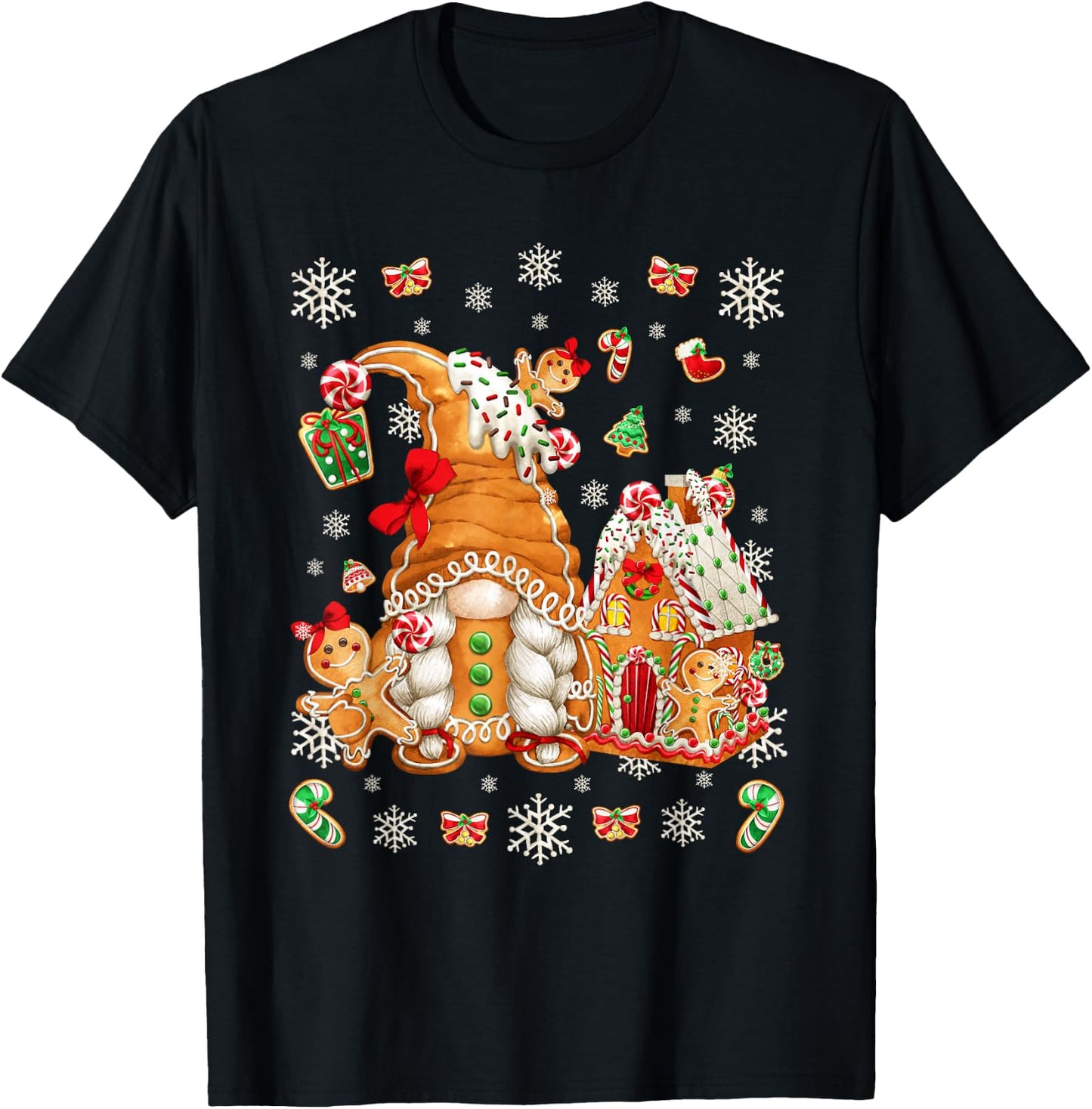Cute Gingerbread House Decor with Christmas Gnome T-Shirt - T-Shirt | Black