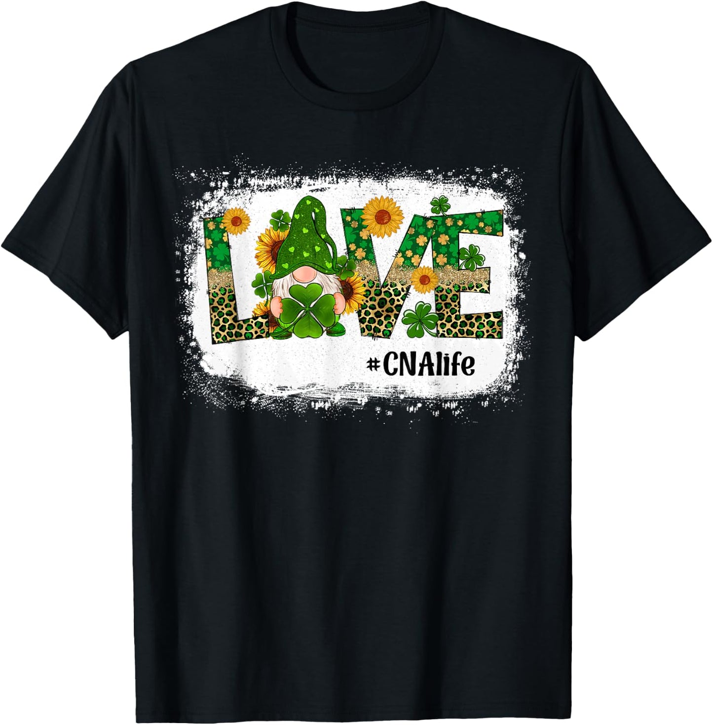 Love CNA Nurse Life Gnome Sunflower Funny St Patrick's Day T-Shirt - T-Shirt | Black