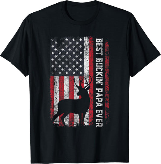 USA Flag Best Buckin Papa Ever Deer Hunting Fathers Day Men T-Shirt - T-Shirt | Black