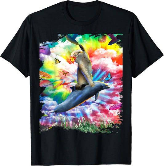 Cat Riding Dolphin Trippy Tie Dye T-Shirt - T-Shirt | Black