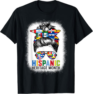 Hispanic Heritage Month Flags - Messy Bun Hispanic Women T-Shirt - T-Shirt | Black